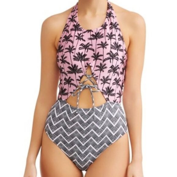 No Boundaries Other - High Neck Swimsuit, Palm Chevron Print